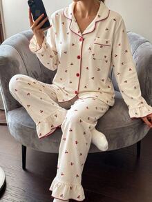 Sweet Style Cherry Print Women's & Teenager Pajama Set, Long Sleeve Cardigan & Long Pants 2 Pieces Set, Casual Comfortable Loungewear - Apricot - View 10