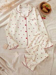 Sweet Style Cherry Print Women's & Teenager Pajama Set, Long Sleeve Cardigan & Long Pants 2 Pieces Set, Casual Comfortable Loungewear - Apricot - View 5