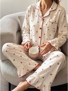 Sweet Style Cherry Print Women's & Teenager Pajama Set, Long Sleeve Cardigan & Long Pants 2 Pieces Set, Casual Comfortable Loungewear - Apricot - View 9