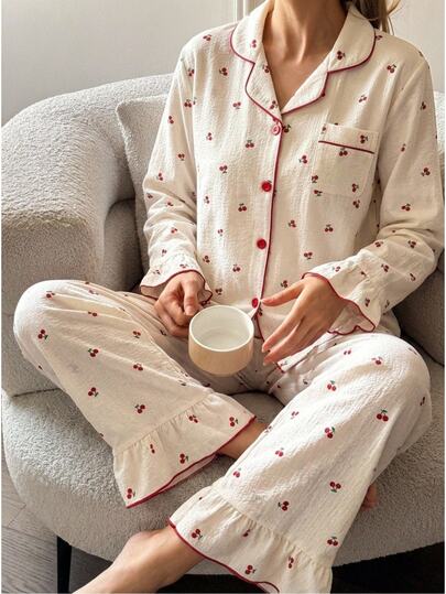 Sweet Style Cherry Print Women's & Teenager Pajama Set, Long Sleeve Cardigan & Long Pants 2 Pieces Set, Casual Comfortable Loungewear