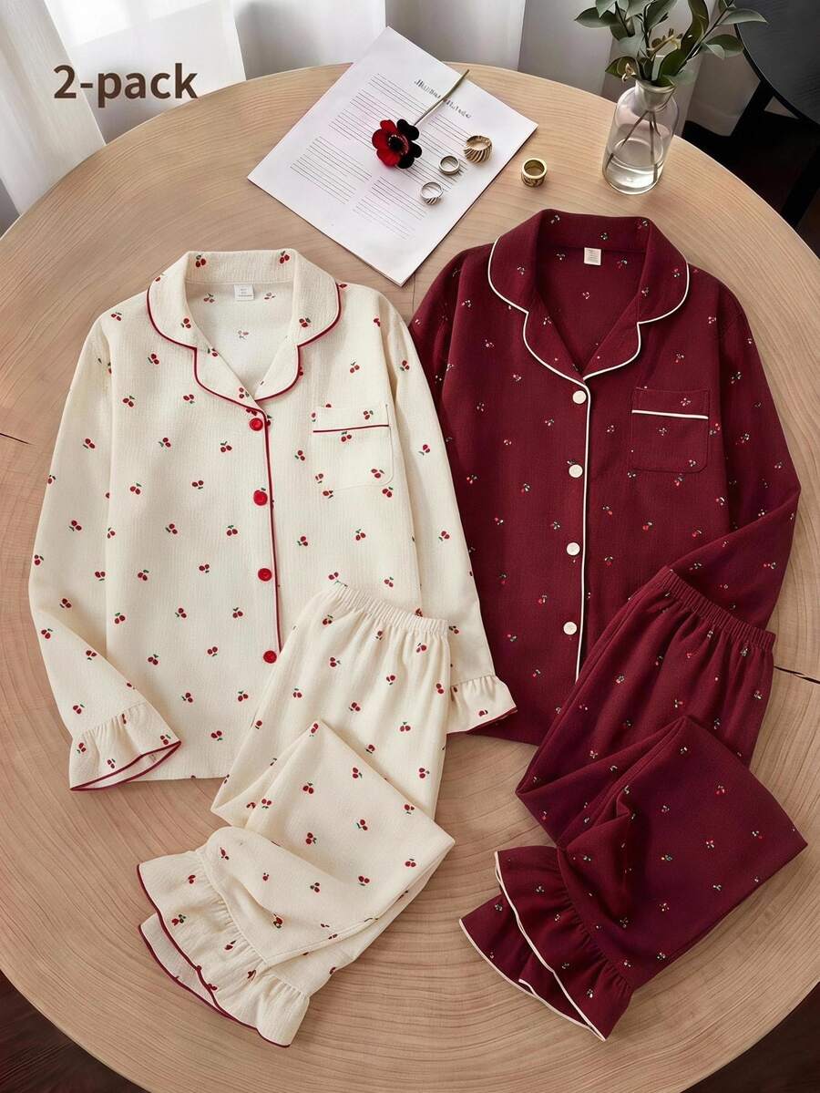 Sweet Style Cherry Print Women's & Teenager Pajama Set, Long Sleeve Cardigan & Long Pants 2 Pieces Set, Casual Comfortable Loungewear - Apricot - View 1