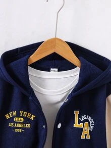 SHEIN Genkimix Kids Boys' Hooded Jacket With Front And Sleeve American Retro Yellow Letter Print Pattern Knit Sweatshirt Fabric Navy Blue And Apricot Color Block Design D - Multicolor - View 7