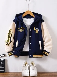 SHEIN Genkimix Kids Boys' Hooded Jacket With Front And Sleeve American Retro Yellow Letter Print Pattern Knit Sweatshirt Fabric Navy Blue And Apricot Color Block Design D - Multicolor - View 3