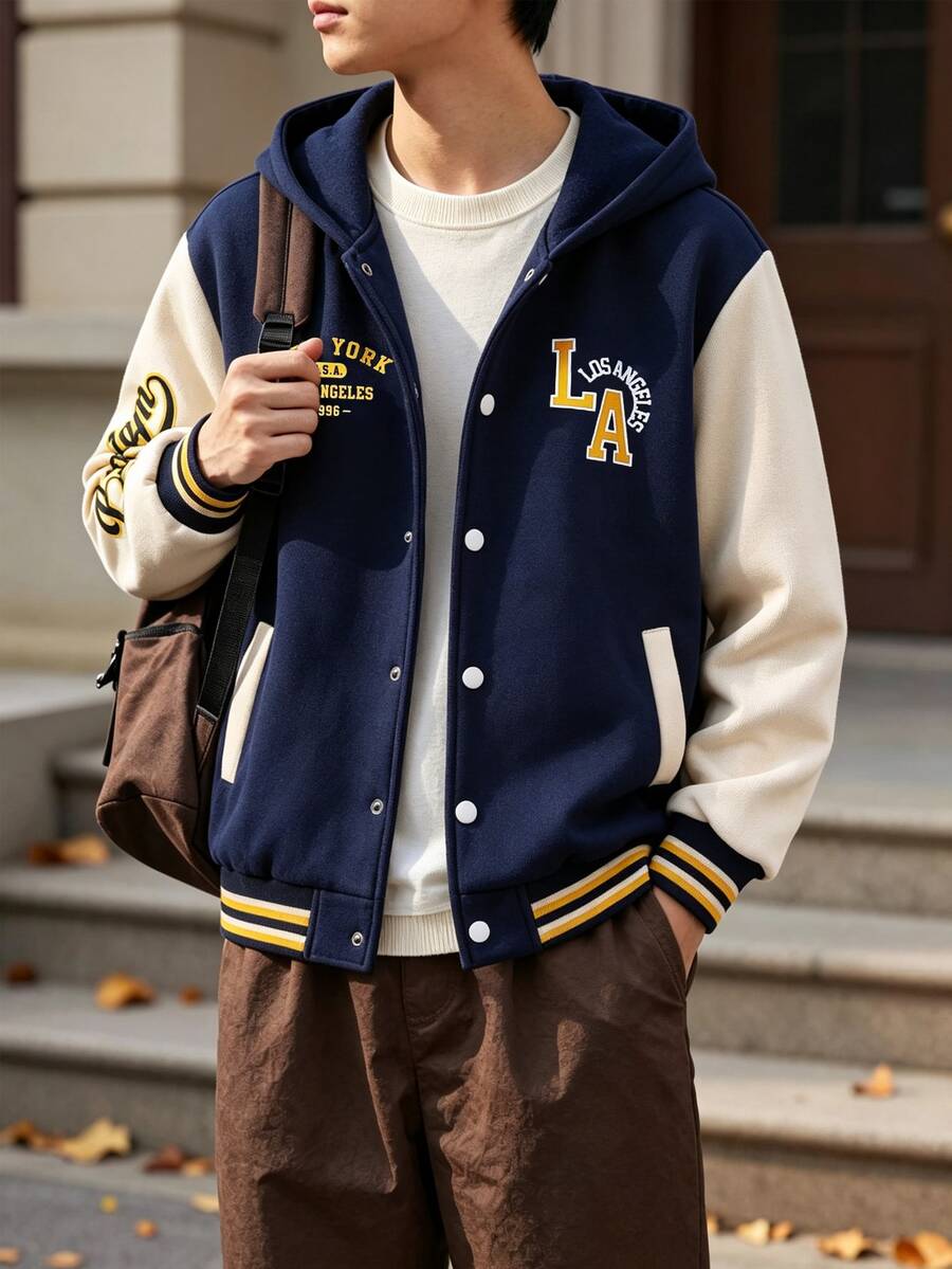 SHEIN Genkimix Kids Boys' Hooded Jacket With Front And Sleeve American Retro Yellow Letter Print Pattern Knit Sweatshirt Fabric Navy Blue And Apricot Color Block Design D - Multicolor - View 1