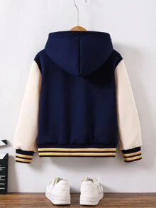 SHEIN Genkimix Kids Boys' Hooded Jacket With Front And Sleeve American Retro Yellow Letter Print Pattern Knit Sweatshirt Fabric Navy Blue And Apricot Color Block Design D - Multicolor - View 2
