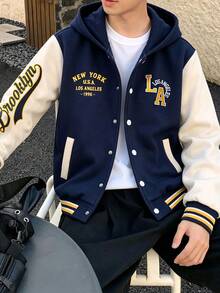 SHEIN Genkimix Kids Boys' Hooded Jacket With Front And Sleeve American Retro Yellow Letter Print Pattern Knit Sweatshirt Fabric Navy Blue And Apricot Color Block Design D - Multicolor - View 4