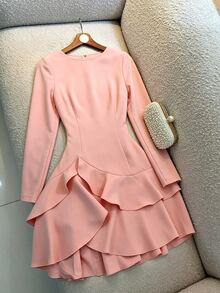SHEIN Elegant Romantic Women's Long Sleeve Short Dress With Multi-Layered Ruffle Hem Party Tea Party Garden Night Day Party Dusty Pink Autumn - Pink - View 4