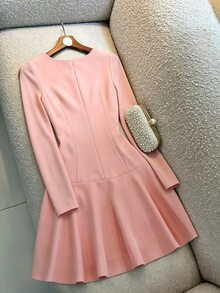 SHEIN Elegant Romantic Women's Long Sleeve Short Dress With Multi-Layered Ruffle Hem Party Tea Party Garden Night Day Party Dusty Pink Autumn - Pink - View 2