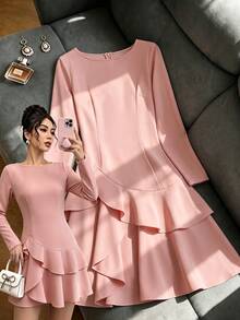 SHEIN Elegant Romantic Women's Long Sleeve Short Dress With Multi-Layered Ruffle Hem Party Tea Party Garden Night Day Party Dusty Pink Autumn - Pink - View 5
