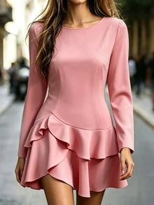 SHEIN Elegant Romantic Women's Long Sleeve Short Dress With Multi-Layered Ruffle Hem Party Tea Party Garden Night Day Party Dusty Pink Autumn - Pink - View 1
