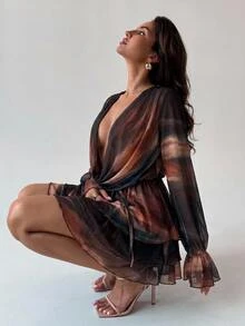 Aloruh Gaun Leher Kerah Motif Tie-Dye Seksi Modis, Gaya Y2K, Gaun Lengan Panjang Seksi untuk Konser Festival Musik, Klub Malam, Jalan-jalan, Pesta, Kencan, Gaun Mini, Musim Gugur - MultiWarna - View 4