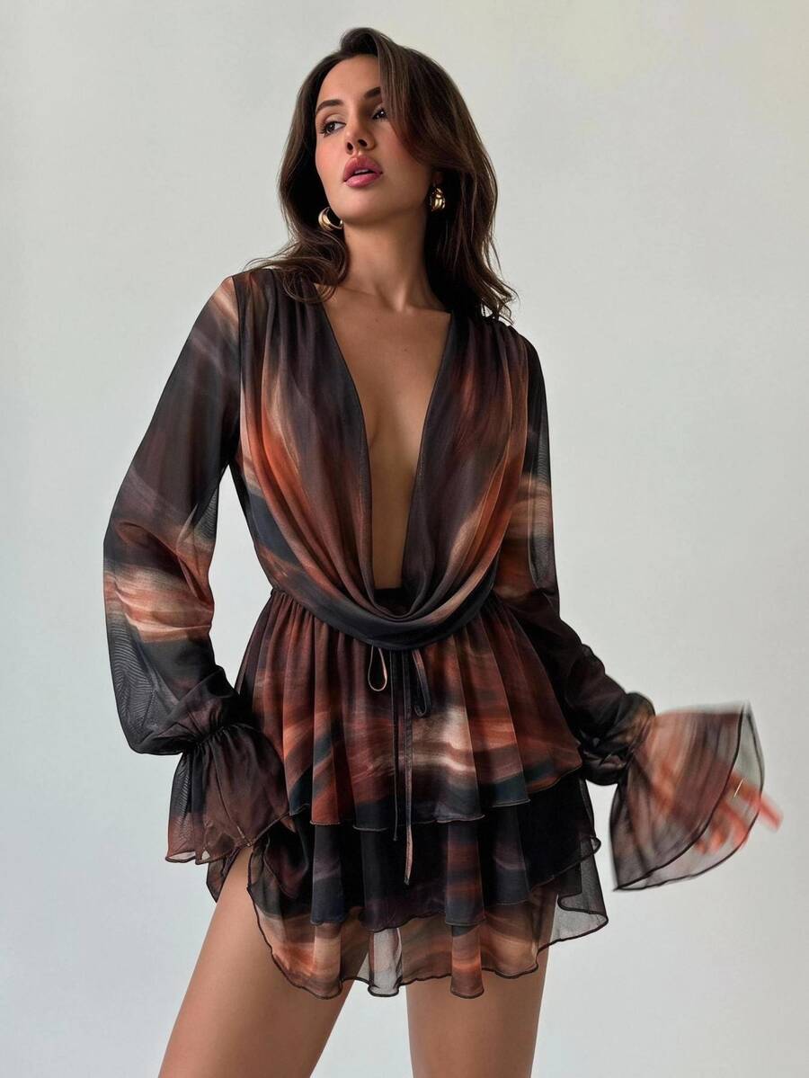 Aloruh Gaun Leher Kerah Motif Tie-Dye Seksi Modis, Gaya Y2K, Gaun Lengan Panjang Seksi untuk Konser Festival Musik, Klub Malam, Jalan-jalan, Pesta, Kencan, Gaun Mini, Musim Gugur - MultiWarna - View 1