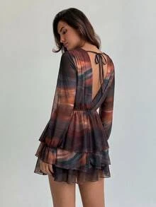 Aloruh Gaun Leher Kerah Motif Tie-Dye Seksi Modis, Gaya Y2K, Gaun Lengan Panjang Seksi untuk Konser Festival Musik, Klub Malam, Jalan-jalan, Pesta, Kencan, Gaun Mini, Musim Gugur - MultiWarna - View 2