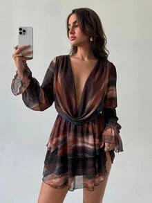 Aloruh Gaun Leher Kerah Motif Tie-Dye Seksi Modis, Gaya Y2K, Gaun Lengan Panjang Seksi untuk Konser Festival Musik, Klub Malam, Jalan-jalan, Pesta, Kencan, Gaun Mini, Musim Gugur - MultiWarna - View 7