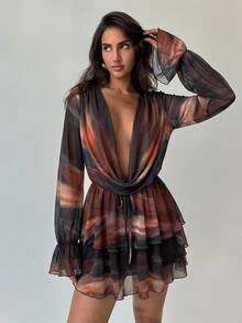 Aloruh Gaun Leher Kerah Motif Tie-Dye Seksi Modis, Gaya Y2K, Gaun Lengan Panjang Seksi untuk Konser Festival Musik, Klub Malam, Jalan-jalan, Pesta, Kencan, Gaun Mini, Musim Gugur - MultiWarna - View 5