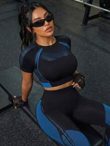 Innovista Innovista 女款黑色藍色拼接運動套裝 健身運動 普拉提瑜珈運動服 運動休閒服 提臀顯臀 挺胸 蹲姿防透 收腹 秋季運動 - 黑色 - 查看 2