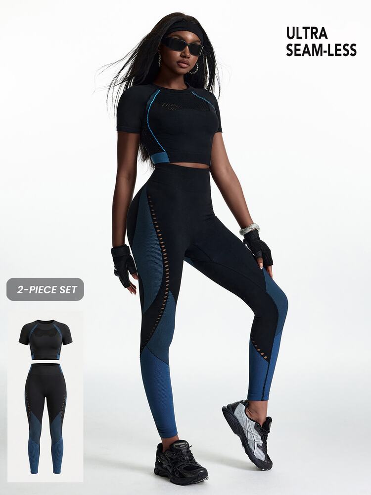 Innovista Innovista Women's Black Blue Color Block Sports Set Gym Workout Pilates Yoga Sportswear Activewear Push Up Booty Lift Squat Proof Tummy Control Autumn Athletic - Black - View 2