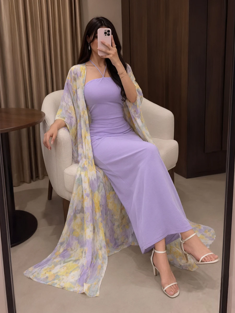 Modelyn طقم نسائي صيفي أنيق من قطعتين: كارديجان بأكمام خفاشية بطبعة زهور وفستان ضيق برقبة هالتر - متعدد الألوان - مشاهدة 1