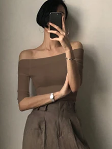 DAZY 女款純色露肩修身短袖黑色T恤，春夏外出上衣 - 咖啡棕 - 查看 5