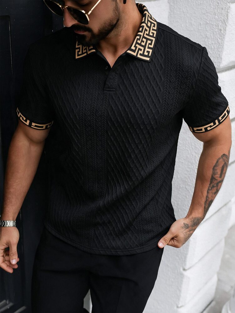 Daypath Men's Knitted Jacquard Textured Ribbed Collar & Cuffs Polo Shirt, Formal - Black - View 1