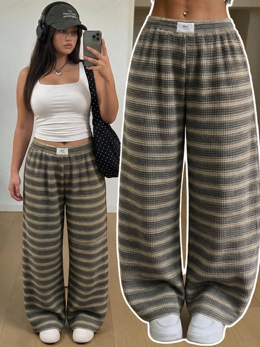 Comfortcana Gray Striped Casual 90s Plus Size Pants Formal Vacation Autumn - Green - View 1