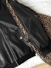 SHEIN 青少年女孩黑色PU保暖內裡連帽外套大衣，秋冬款 - 黑色 - 查看 5