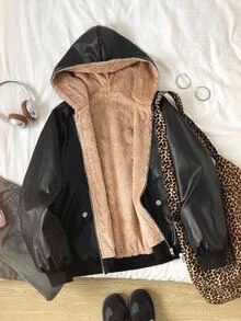 SHEIN 青少年女孩黑色PU保暖內裡連帽外套大衣，秋冬款 - 黑色 - 查看 3