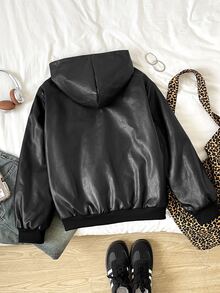 SHEIN 青少年女孩黑色PU保暖內裡連帽外套大衣，秋冬款 - 黑色 - 查看 2