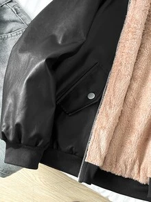 SHEIN 青少年女孩黑色PU保暖內裡連帽外套大衣，秋冬款 - 黑色 - 查看 6