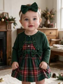 SHEIN Newborn Baby Girls Fake Two Piece Dress Cute Sweet Red Green Plaid Bow Ruffle Ribbed Long Sleeve Round Neck Christmas Party Fall Holiday Wedding Guest - Green - View 1