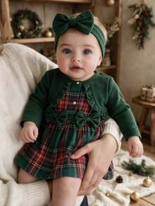 SHEIN Newborn Baby Girls Fake Two Piece Dress Cute Sweet Red Green Plaid Bow Ruffle Ribbed Long Sleeve Round Neck Christmas Party Fall Holiday Wedding Guest - Green - View 3