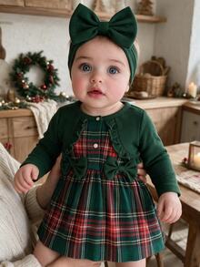 SHEIN Newborn Baby Girls Fake Two Piece Dress Cute Sweet Red Green Plaid Bow Ruffle Ribbed Long Sleeve Round Neck Christmas Party Fall Holiday Wedding Guest - Green - View 2