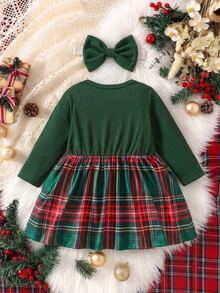 SHEIN Newborn Baby Girls Fake Two Piece Dress Cute Sweet Red Green Plaid Bow Ruffle Ribbed Long Sleeve Round Neck Christmas Party Fall Holiday Wedding Guest - Green - View 5