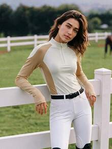 Exploreva Women's Half-Zip Colorblock Stand Collar Equestrian Top - Multicolor - View 4
