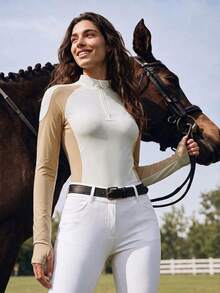 Exploreva Women's Half-Zip Colorblock Stand Collar Equestrian Top - Multicolor - View 1