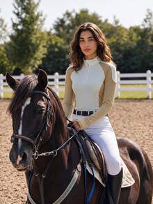 Exploreva Women's Half-Zip Colorblock Stand Collar Equestrian Top - Multicolor - View 3