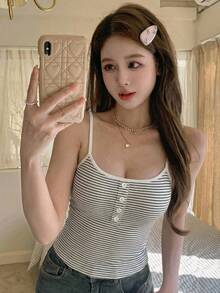 DAZY Women's Summer Striped Print Faux Placket Padded Camisole Tank Top - White - View 5