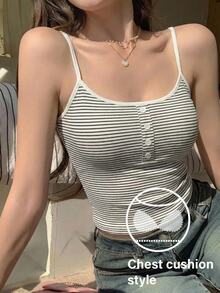 DAZY Women's Summer Striped Print Faux Placket Padded Camisole Tank Top - White - View 3