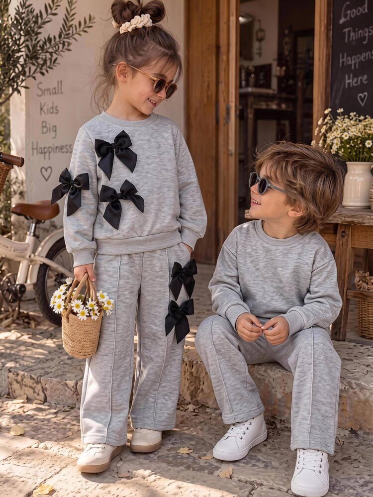 SHEIN Baby Girl Bow Front Autumn Sweatshirt & Seam Front Sweatpants Set - Grey - View 2