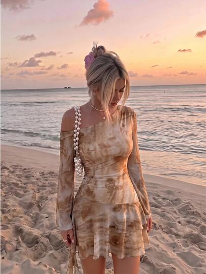 SHEIN MOD Vestido de vacaciones para mujer con hombro asimétrico, fruncido y lazo delantero, manga larga