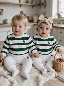 SHEIN 2pcs Baju Sweatshirt dan Celana Bayi Laki-laki Baru Lahir Gaya Preppy Manis Garis-garis Hijau Putih Bordir Lengan Panjang Kerah Bulat Ukuran Reguler untuk Ulang Tahun Musim Gugur Liburan Halloween Rajut - MultiWarna - View 1