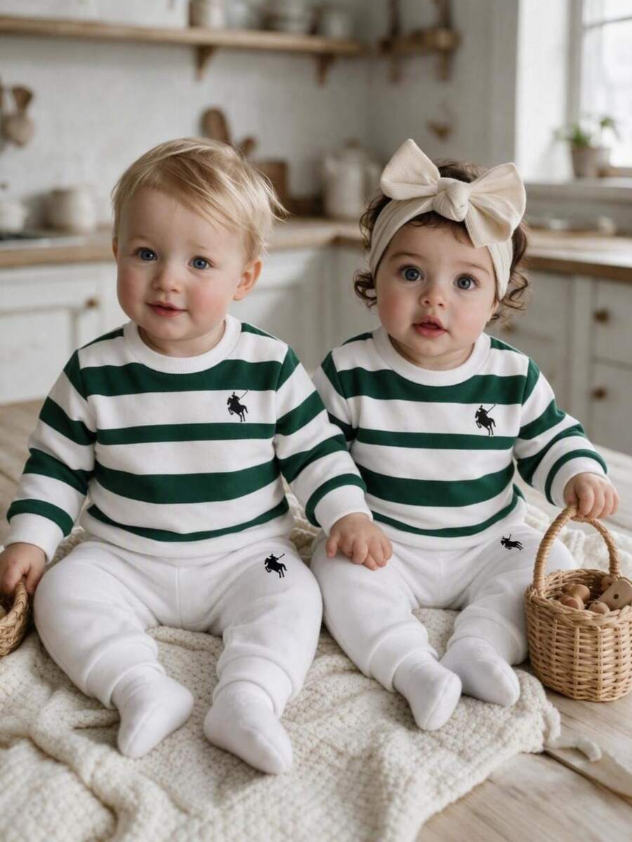 SHEIN 2pcs Baju Sweatshirt dan Celana Bayi Laki-laki Baru Lahir Gaya Preppy Manis Garis-garis Hijau Putih Bordir Lengan Panjang Kerah Bulat Ukuran Reguler untuk Ulang Tahun Musim Gugur Liburan Halloween Rajut - MultiWarna - View 1