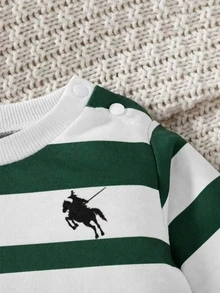 SHEIN 2pcs Baju Sweatshirt dan Celana Bayi Laki-laki Baru Lahir Gaya Preppy Manis Garis-garis Hijau Putih Bordir Lengan Panjang Kerah Bulat Ukuran Reguler untuk Ulang Tahun Musim Gugur Liburan Halloween Rajut - MultiWarna - View 9