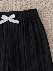 3pcs Toddler Girl Wide Leg Pants Cute Sweet Black Pink Cream Bowknot Textured Pleated Ribbed Lightweight Vacation Summer Holiday Ballet Flowy Trouser - Multicolor - View 6