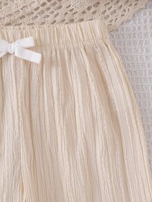 3pcs Toddler Girl Wide Leg Pants Cute Sweet Black Pink Cream Bowknot Textured Pleated Ribbed Lightweight Vacation Summer Holiday Ballet Flowy Trouser - Multicolor - View 4