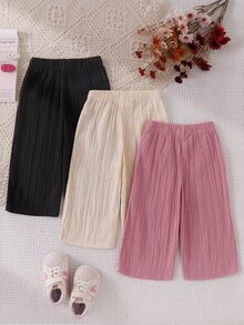 3pcs Toddler Girl Wide Leg Pants Cute Sweet Black Pink Cream Bowknot Textured Pleated Ribbed Lightweight Vacation Summer Holiday Ballet Flowy Trouser - Multicolor - View 2
