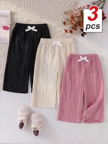 3pcs Toddler Girl Wide Leg Pants Cute Sweet Black Pink Cream Bowknot Textured Pleated Ribbed Lightweight Vacation Summer Holiday Ballet Flowy Trouser - Multicolor - View 1