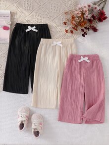 3pcs Toddler Girl Wide Leg Pants Cute Sweet Black Pink Cream Bowknot Textured Pleated Ribbed Lightweight Vacation Summer Holiday Ballet Flowy Trouser - Multicolor - View 9