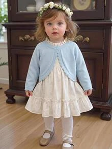 SHEIN Vintaside Kids Baby Girls Cardigans Spring Autumn Knit Long Sleeve Elegant Solid Color Short Shawl Jacket Fashion Versatile Summer Sun Protection Suitable For Daily Wear Travel - Baby Blue - View 1