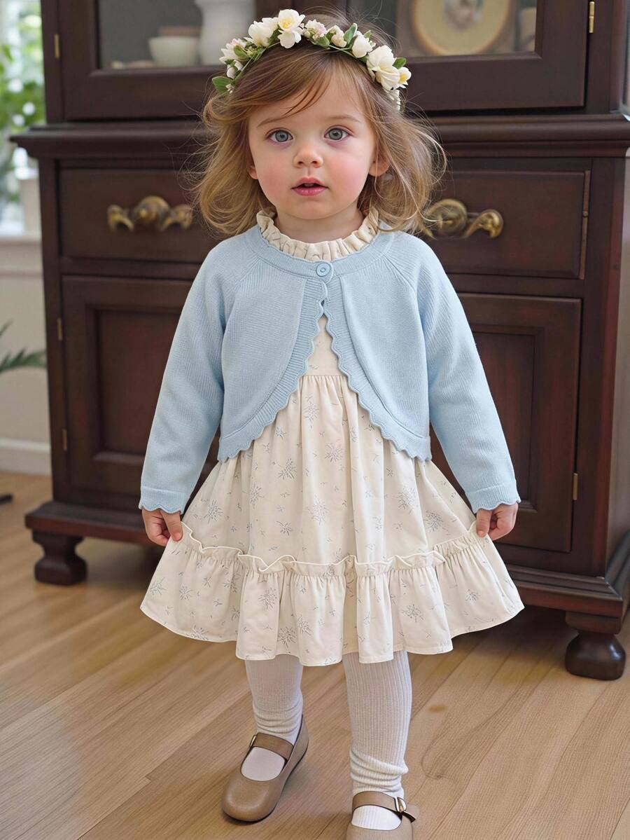 SHEIN Vintaside Kids Baby Girls Cardigans Spring Autumn Knit Long Sleeve Elegant Solid Color Short Shawl Jacket Fashion Versatile Summer Sun Protection Suitable For Daily Wear Travel - Baby Blue - View 1